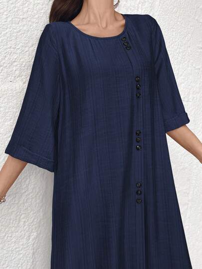 Al Najma Round Neck Elegant 3/4 Sleeve Button Decor Casual Vacation Style Minimalist Flare Women's Arabian Dress