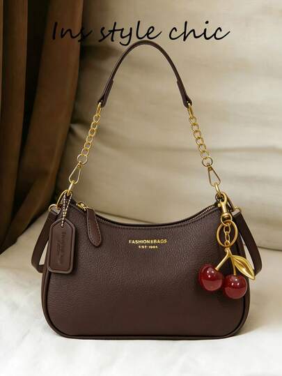 Classic Multifunctional Solid Color Waterproof PU Fabric, Letter Graphic Decor Design, Chain Shoulder Bag, Adjustable Strap, Cherry Pendant Decor, Fashionable Women's Shoulder Bag, Business Commuter Bag, Suitable For Shopping And Gatherings