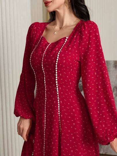 Modelyn Women's Ditsy Floral Ruffled Neck Lantern Sleeve Elegant Arabian Modest Long Sleeve Dress