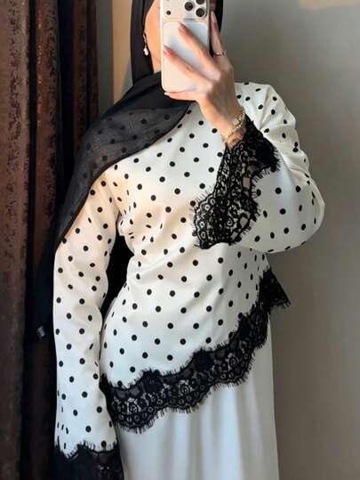 Women's Lace Patchwork Polka Dot Print Satin Blouse, Contrast Color Asymmetric Long Sleeve Top, Ramadan Daily Wear Outfit Vacation White