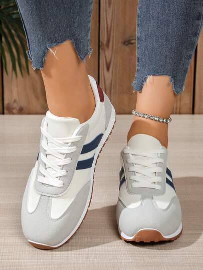 NOBLEARL New All-Season Fashion Beige And Blue Colorblock Sneakers, Soft Comfortable Breathable Premium PU Material, Classic Upper With Colorblock Navy Blue Stripe Design, Casual Breathable Sports Shoes