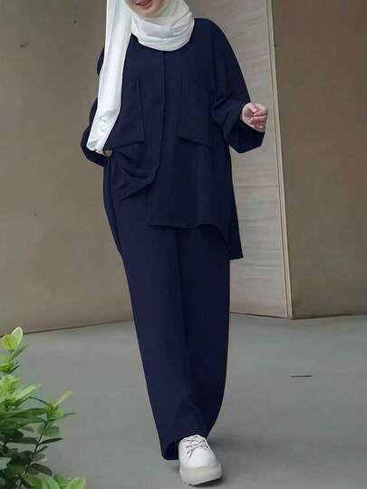 Women's Solid Color Long Sleeve Cardigan And Wide Leg Pants Casual Daily Arabic Style Outfit, Chic & Elegant