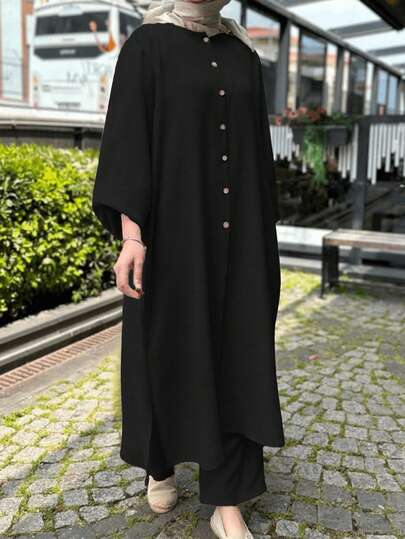 Women Round Neck Button Front Shirt Wide Leg Pants 2 Pieces Summer Daily Outfit Black