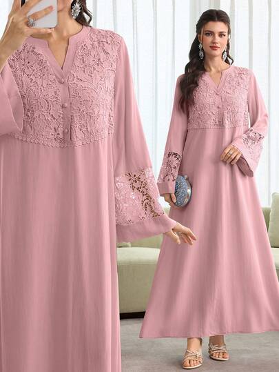 Al Najma V-Neck Flare Sleeve Patchwork 3D Embroidered Floral Trim Robe, Spring/Summer