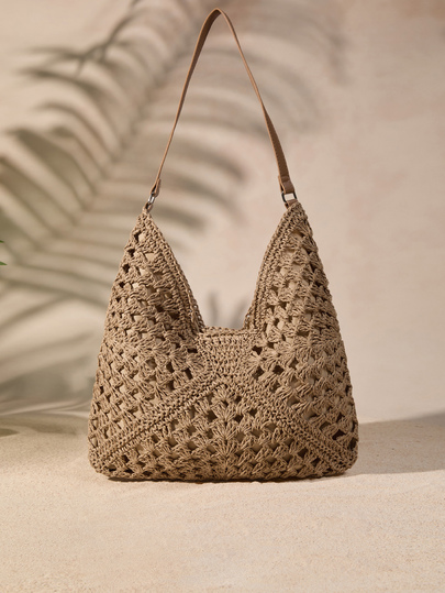 Tropiscape Women's Hand-Woven Grandmother Check Contrasting Large Capacity Tote Bag, Beach Purse, Perfect For Summer, Vacation & Daily Use
