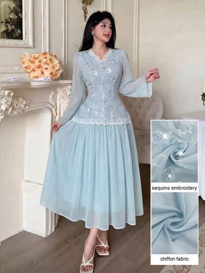 Modelyn Elegant V-Neck Lace Patchwork Embroidered Fabric Long Sleeve Dress