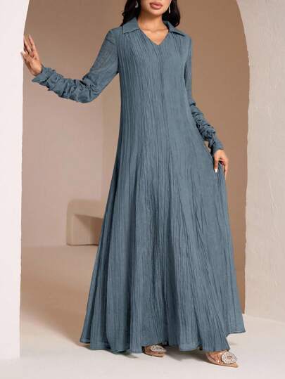 Veilorie Conservative Casual Collared Ruched Sleeve Dress, Women Arabic Style Long Dress