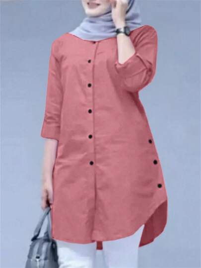 Women's Solid Color Cuffed Sleeve Single-Breasted Casual Shirt, Modest Spring