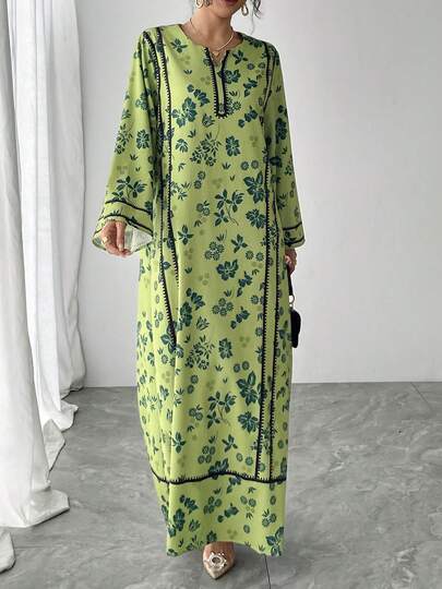 1pc Women's Floral Print Long Sleeve A-Line Maxi Dress, Casual Green Dress Suitable For Wedding, Elegant Arabic Style Abaya Gown For Luxury Party Events Spring