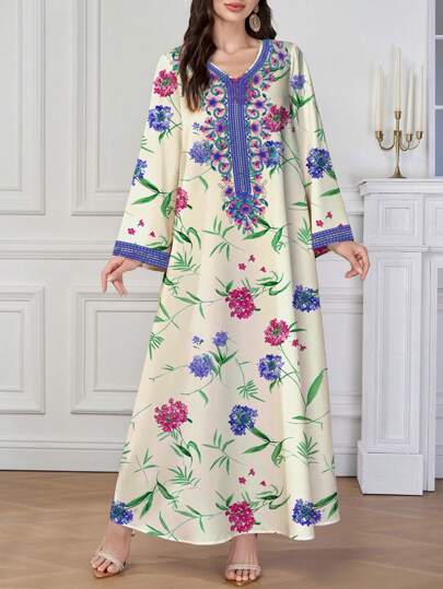 Al Najma Women's Arabic Print V-Neck Long Printed Jalabiya Dress With Long Sleeve, For Festival, Modest Full Length Dresses, Kaftan