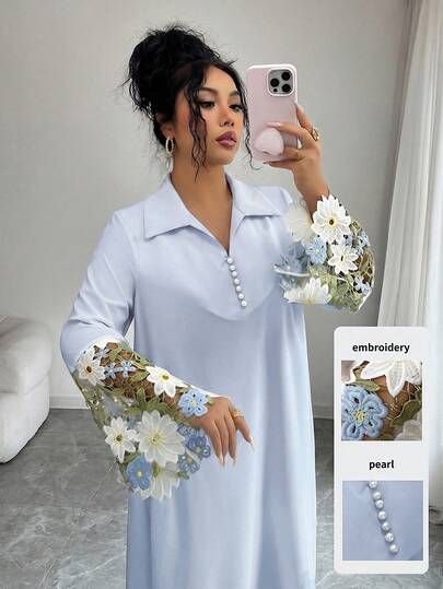 Yasmyna Women's Elegant Lace Patchwork Flare Sleeve Loose Arabic Style Dress, Suitable For Spring And Autumn