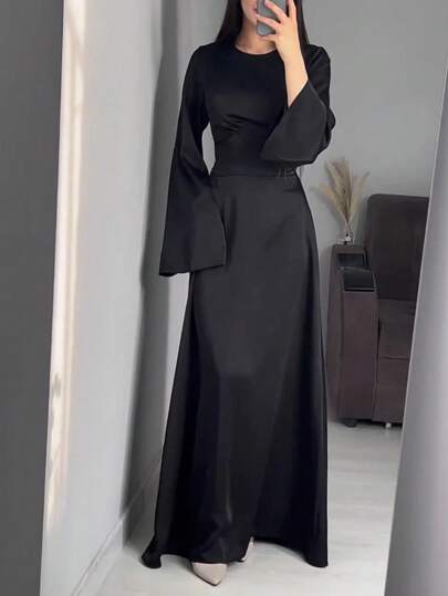 Women Long Elegant Modest Long Sleeve Dress Spring Black