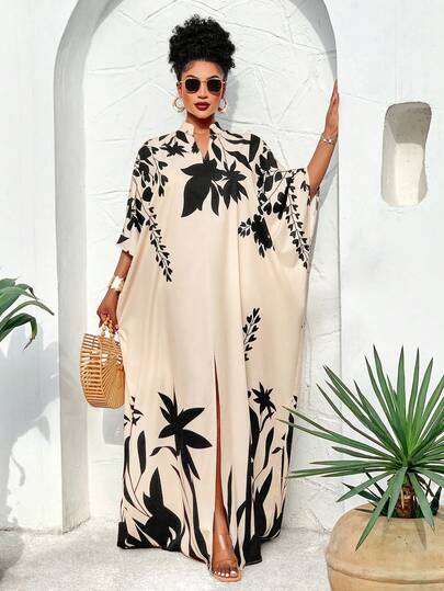 BIUBIU This Plus Size Women's Spring/Summer Off-Shoulder Loose Arabic Style Long Dress With Sunlight/Plant Element Print Is An Important Fashion Item For Spring Vacation.