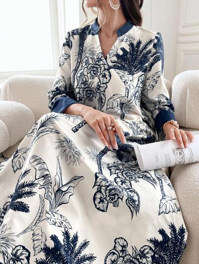 Al Najma Women's Summer Botanical Printed Long Modest Long Sleeve Arabian Dress, Kaftan