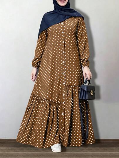 Women's Polka Dot Print Long Sleeve Loose Arabian Dress Vacation