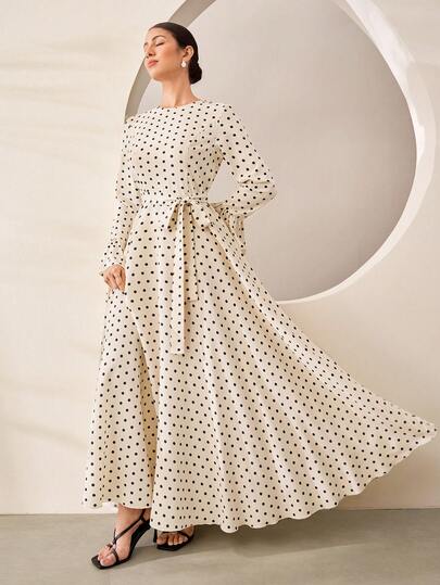 Graceveil Elegant Polka Dot Round Neck Flare Sleeve Cinched Cinched Waist Front Dress