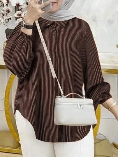 Women's Casual Striped Lantern Sleeve Blouse, Modest Spring Brown