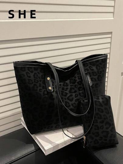 2pcs Large Capacity Leopard Print Faux Leather Tote Bag, With Dual Handles, Ideal For Commuting, Work Or School.,Business Professional Women