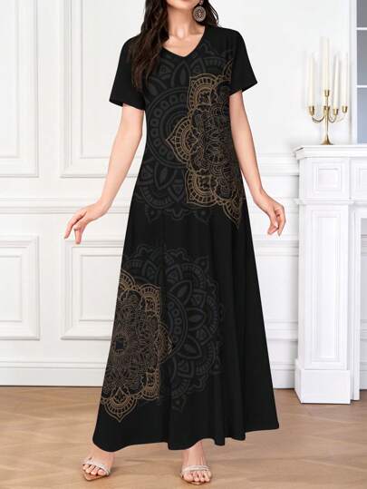 Lacomfia Elegant And Fashionable Artistic Print Women Short Sleeve Dress