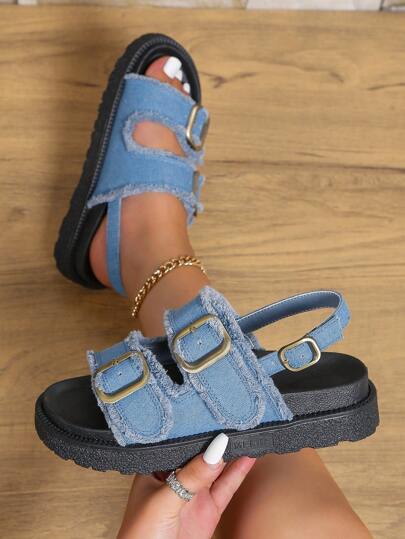 Fashion Blue Sandals For Women, Buckle Decor Flatform Slingback Sandals,Spring Summer Outfits