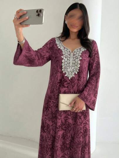Yasmyna Women Summer Modest Purple Wedding Guest Elegant Rhinestone Traditional Vacation Abaya Dress