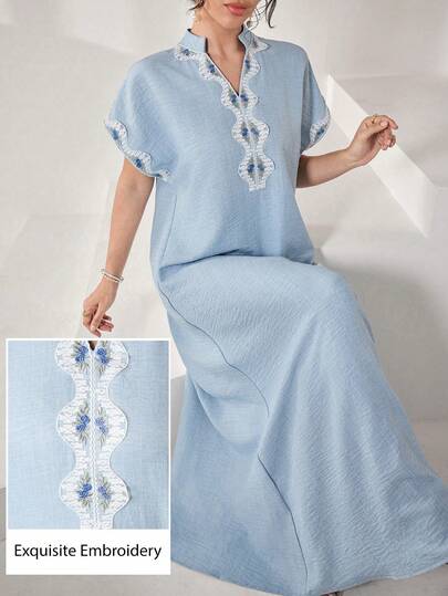 Al Najma Light Blue Mandarin Collar Embroidered Trim Loose Casual Arabic Style Dress For Women