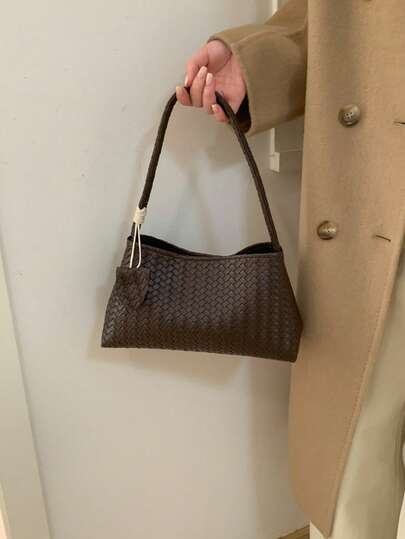 1pc New Solid Color Woven Baguette Bag With PU Decor, Fashionable Women's Shoulder Bag For Daily Use, Shopping, Dating, Woven Bag