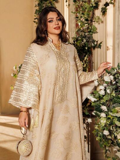 Women's Contrast Sequin Embroidery Notched Neck Dress, Modest Fashion Long Sleeve A-Line Dress For Party Wedding Guest, Ladies Islamic Clothing