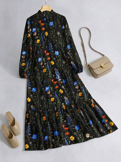 Al Najma Women's Casual Ditsy Floral Modest Long Sleeve Arabian Long Dress, Autumn Blue Floral Dresscottagecore Dress