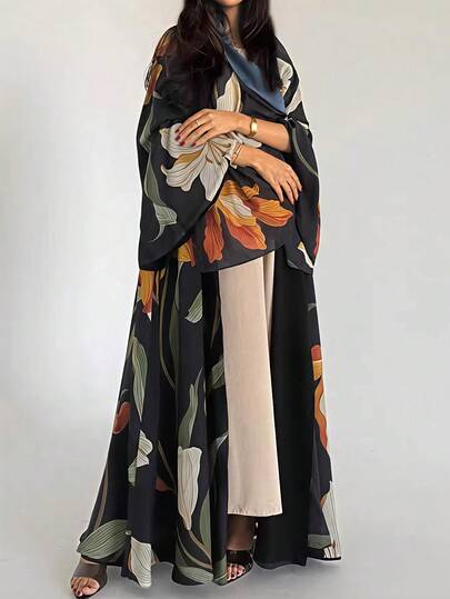 1pc Women's Casual Elegant Exquisite Floral Print Abaya Cardigan Robe Shawl, Suitable For Daily Wear And Gatherings Vacation