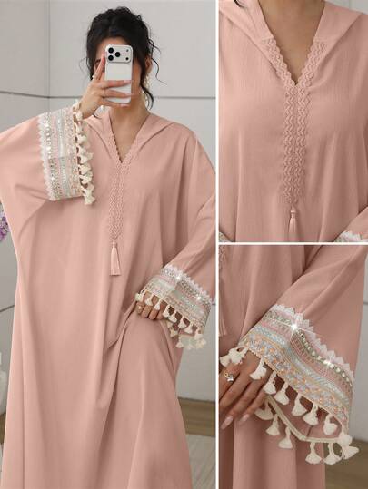 SHEIN Najma Hooded Lace Ribbon Batwing Tassel Dress For Women